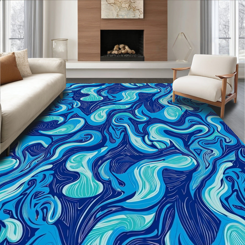 Abstract Swirls In 4 Blues Rug