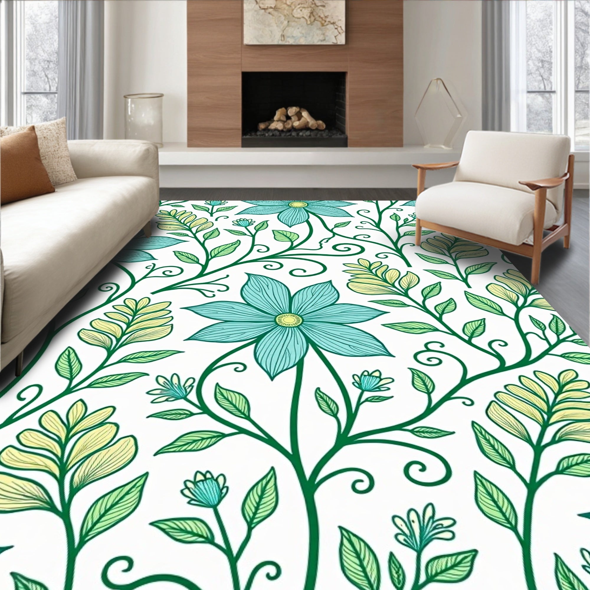 Teal Green Floral Vine Pattern Rug