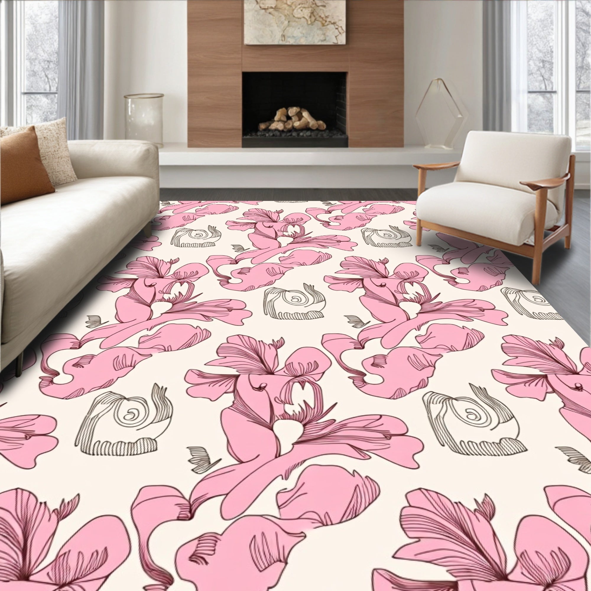 Pink Floral Whimsical Illustration Rug