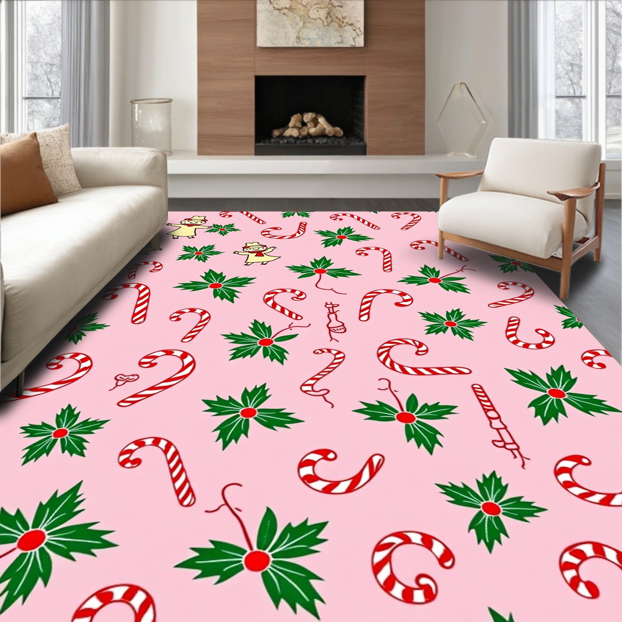 Pink Candy Cane Holly Figures Rug
