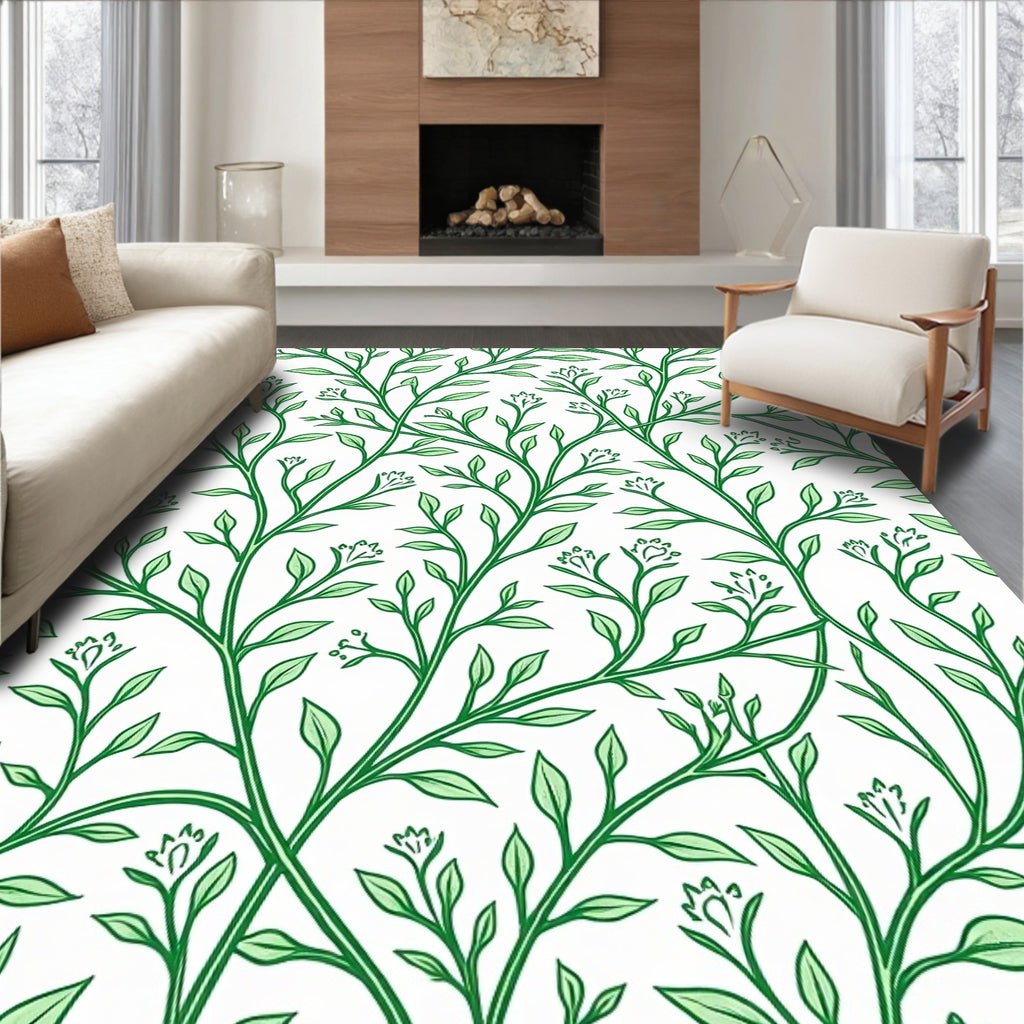Elegant Green Vine Motif Pattern Rug