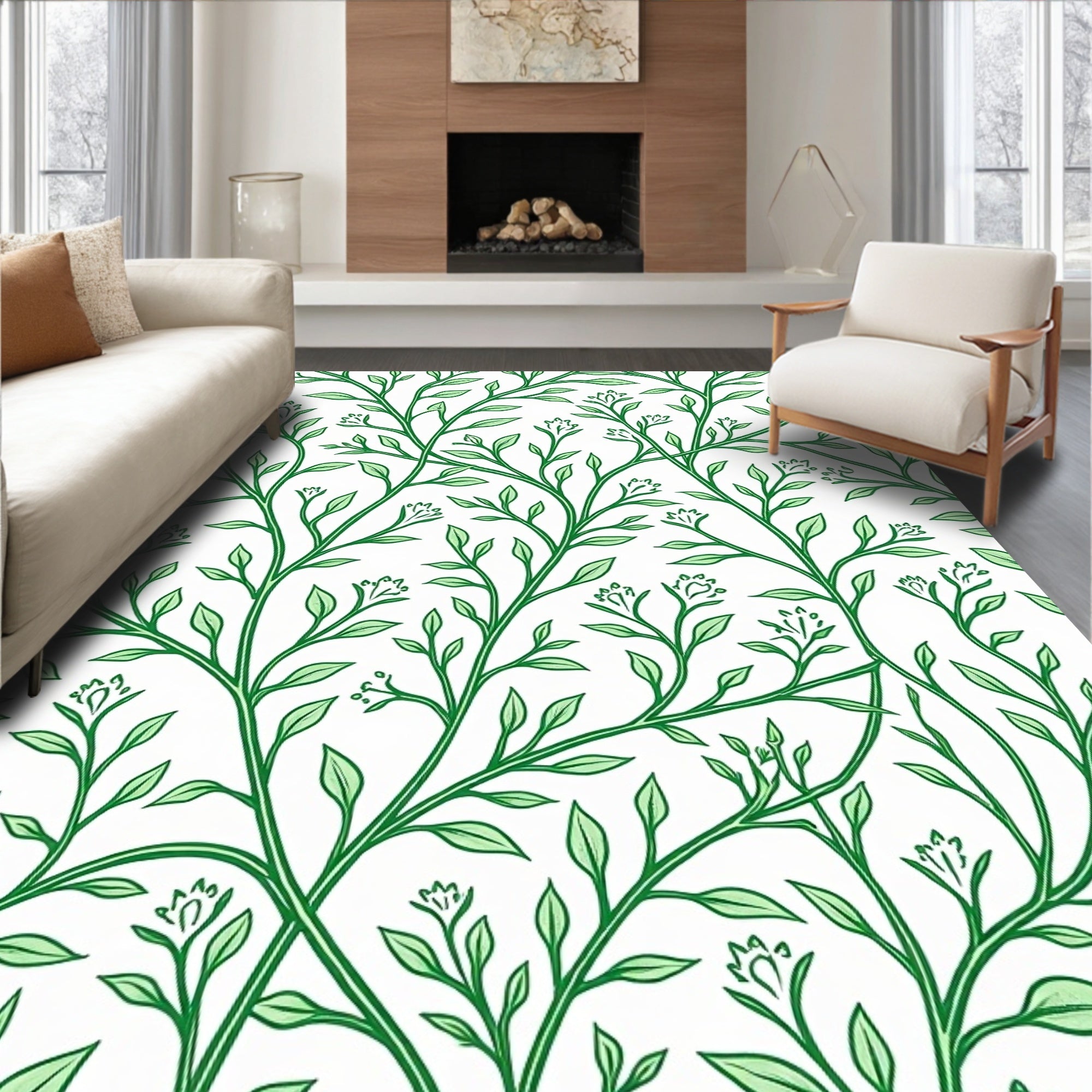 Elegant Green Vine Motif Pattern Rug