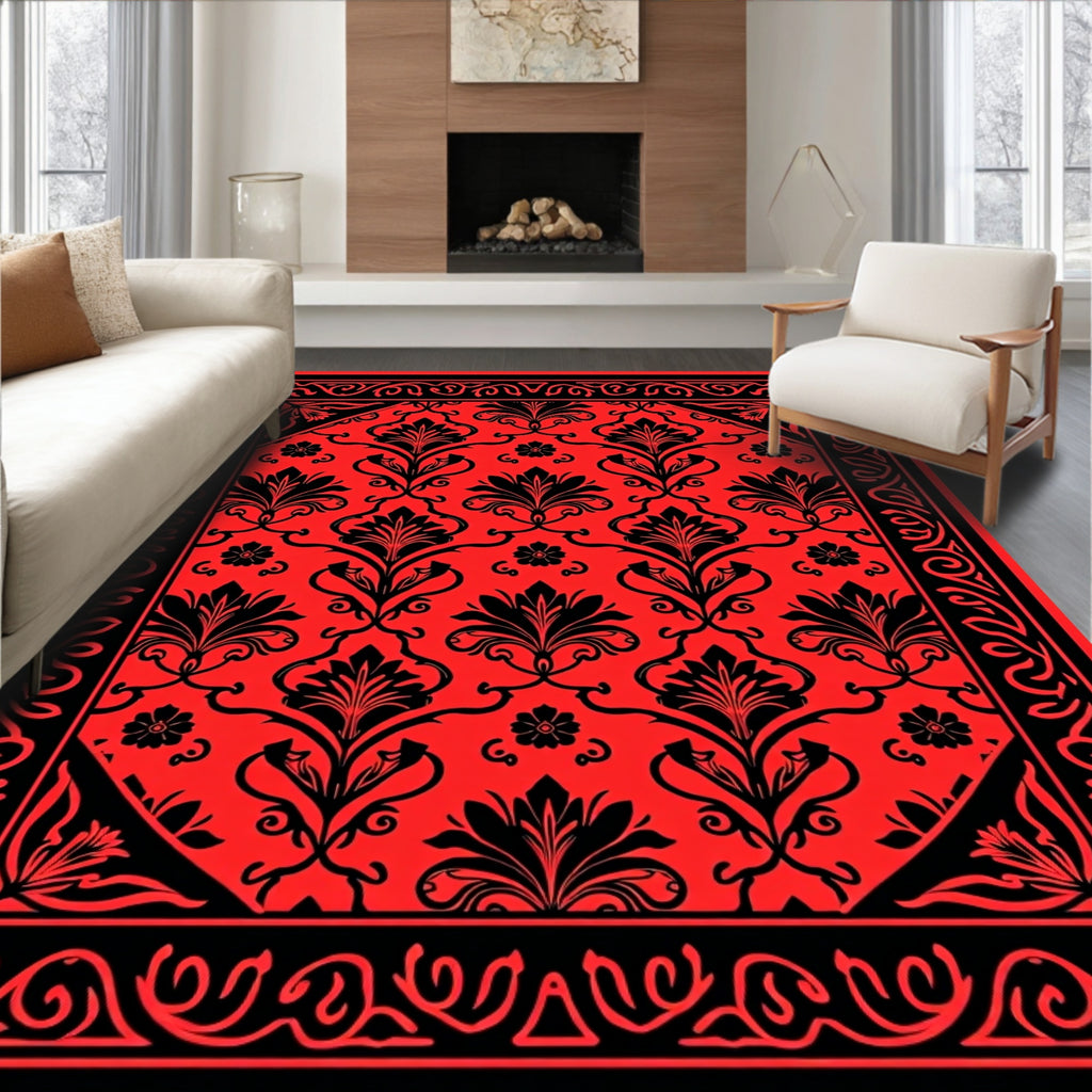 Ornate Red Black Floral Damask Rug