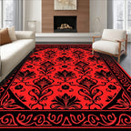 Ornate Red Black Floral Damask Rug