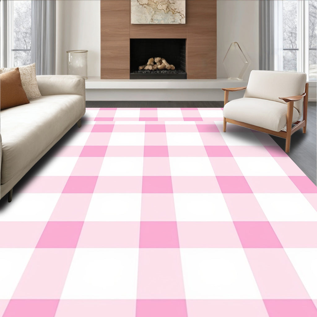 Pink White Gingham Checkered Pattern Rug