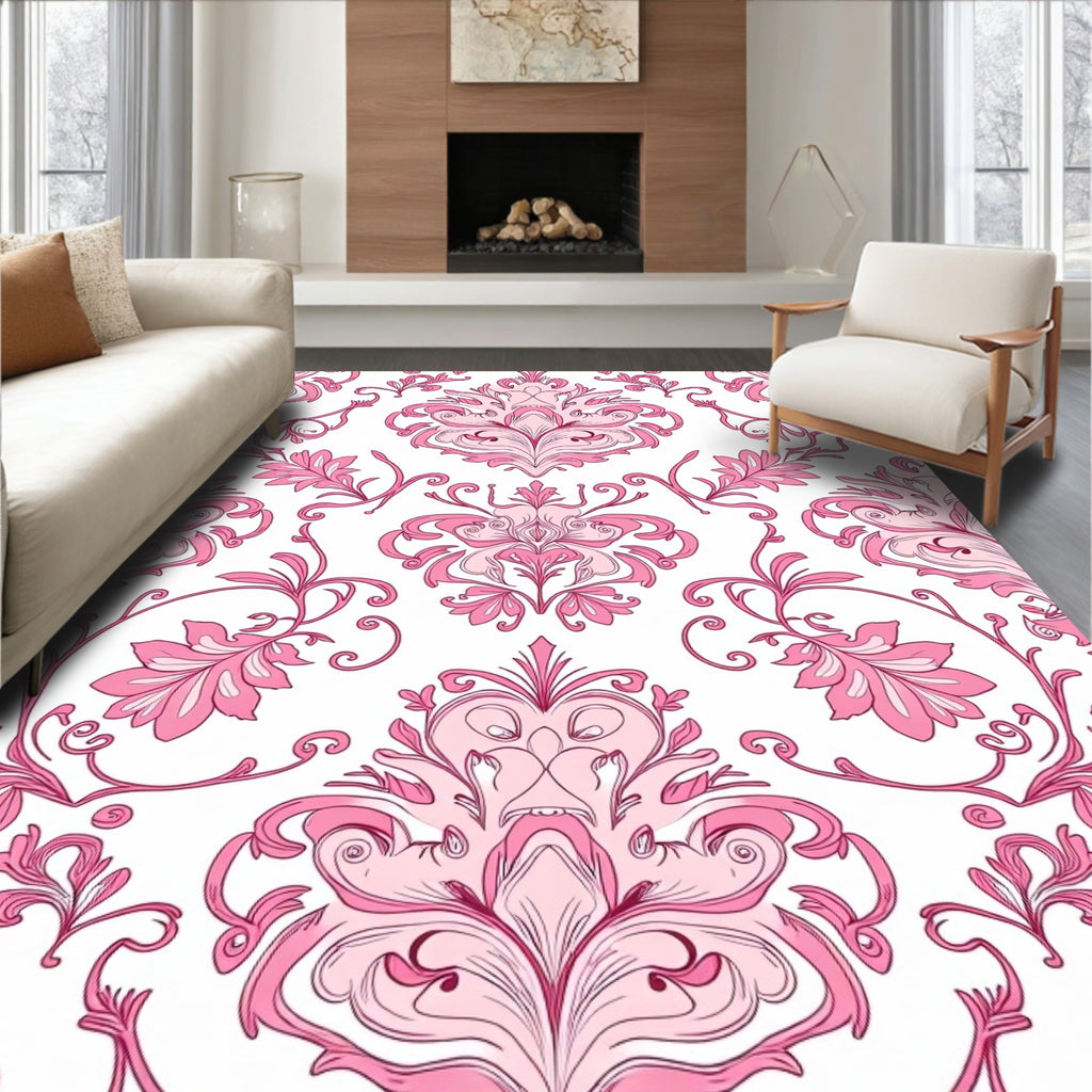 Elegant Pink Floral Scrollwork Patterns Rug