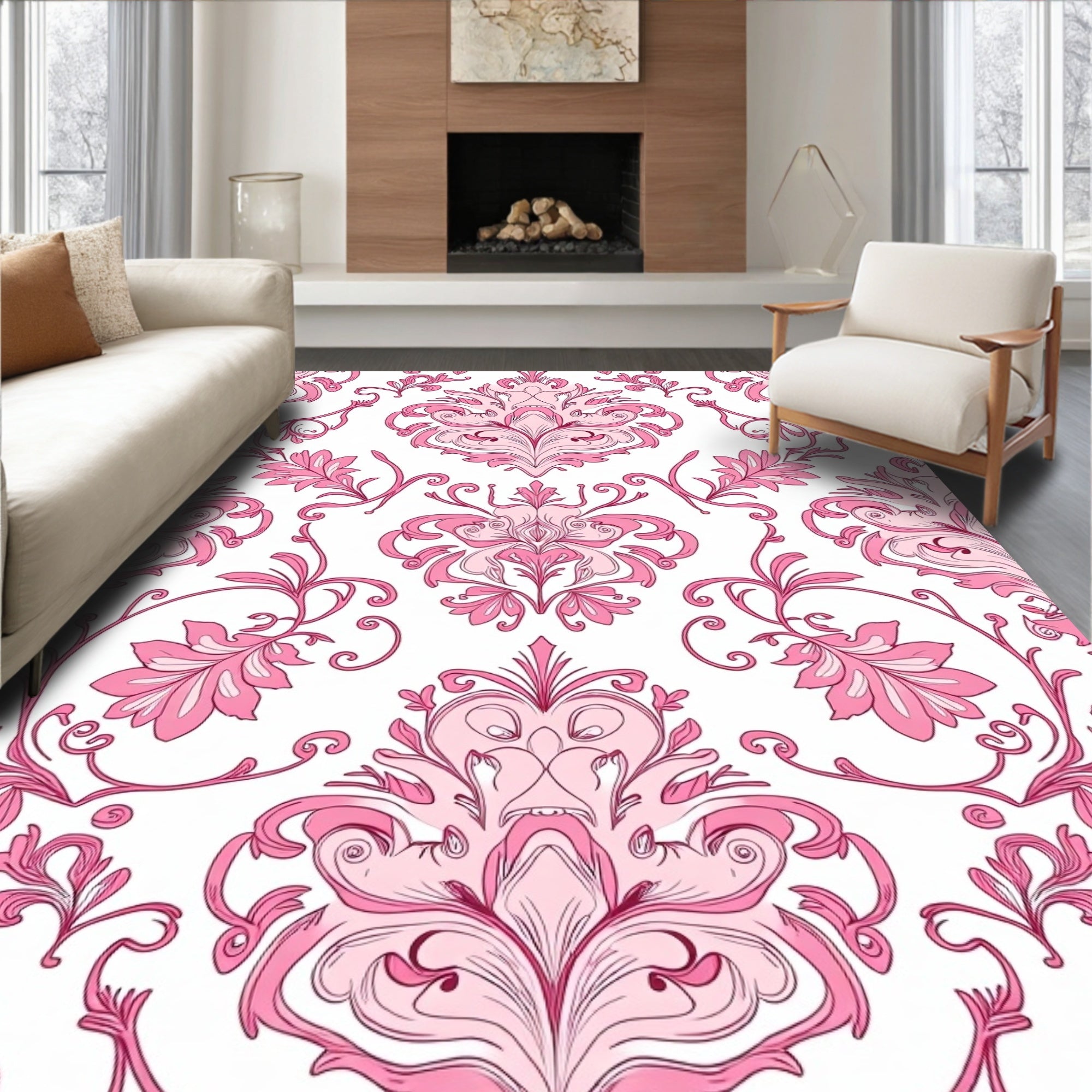 Elegant Pink Floral Scrollwork Patterns Rug