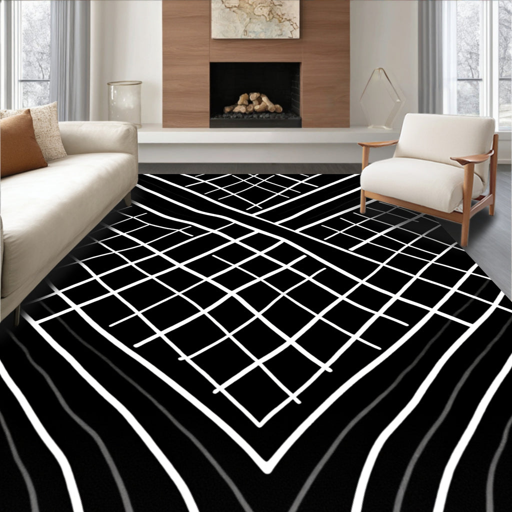 Black White Grid Stripes Pattern Rug