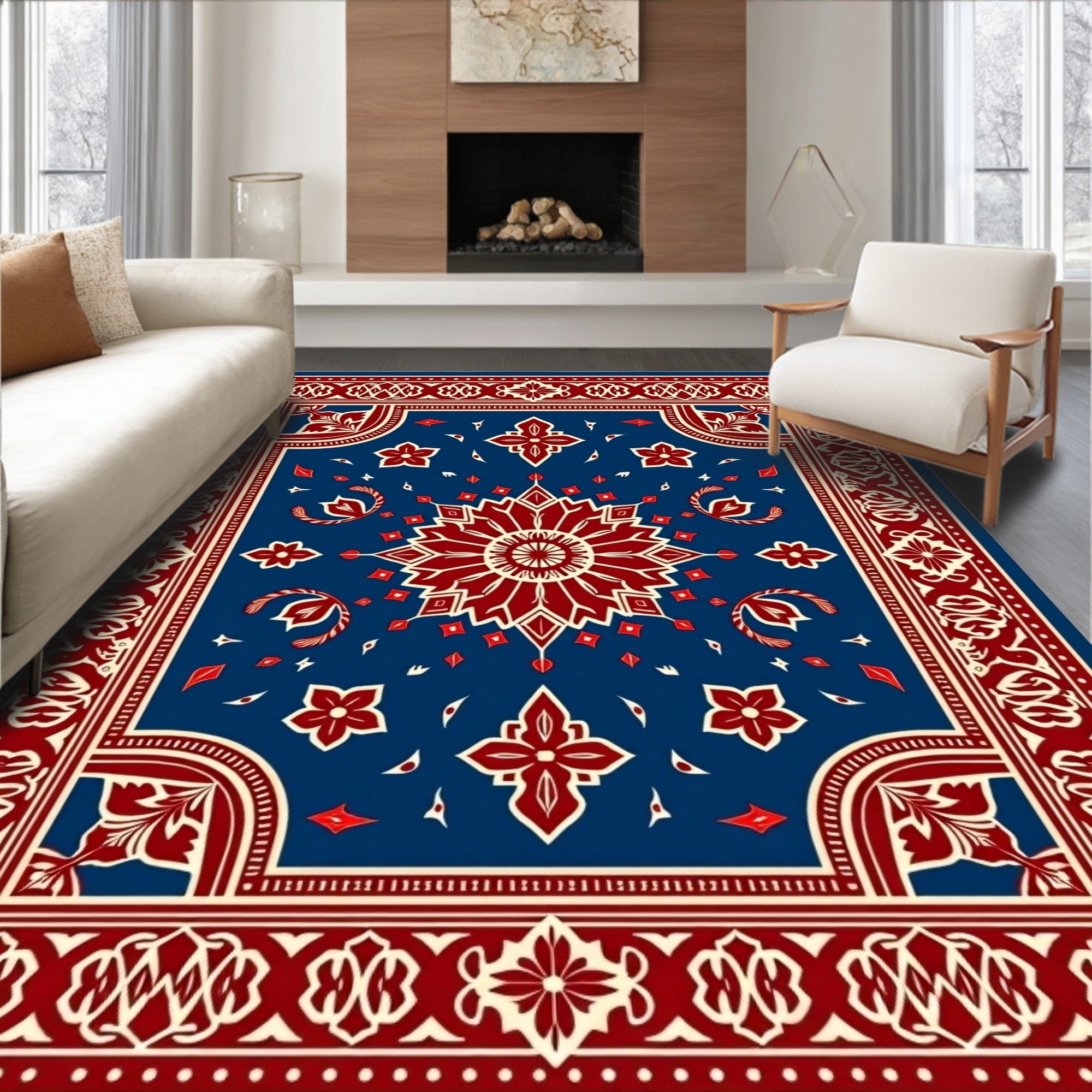 Rich Red Blue Ornate Floral Design Rug