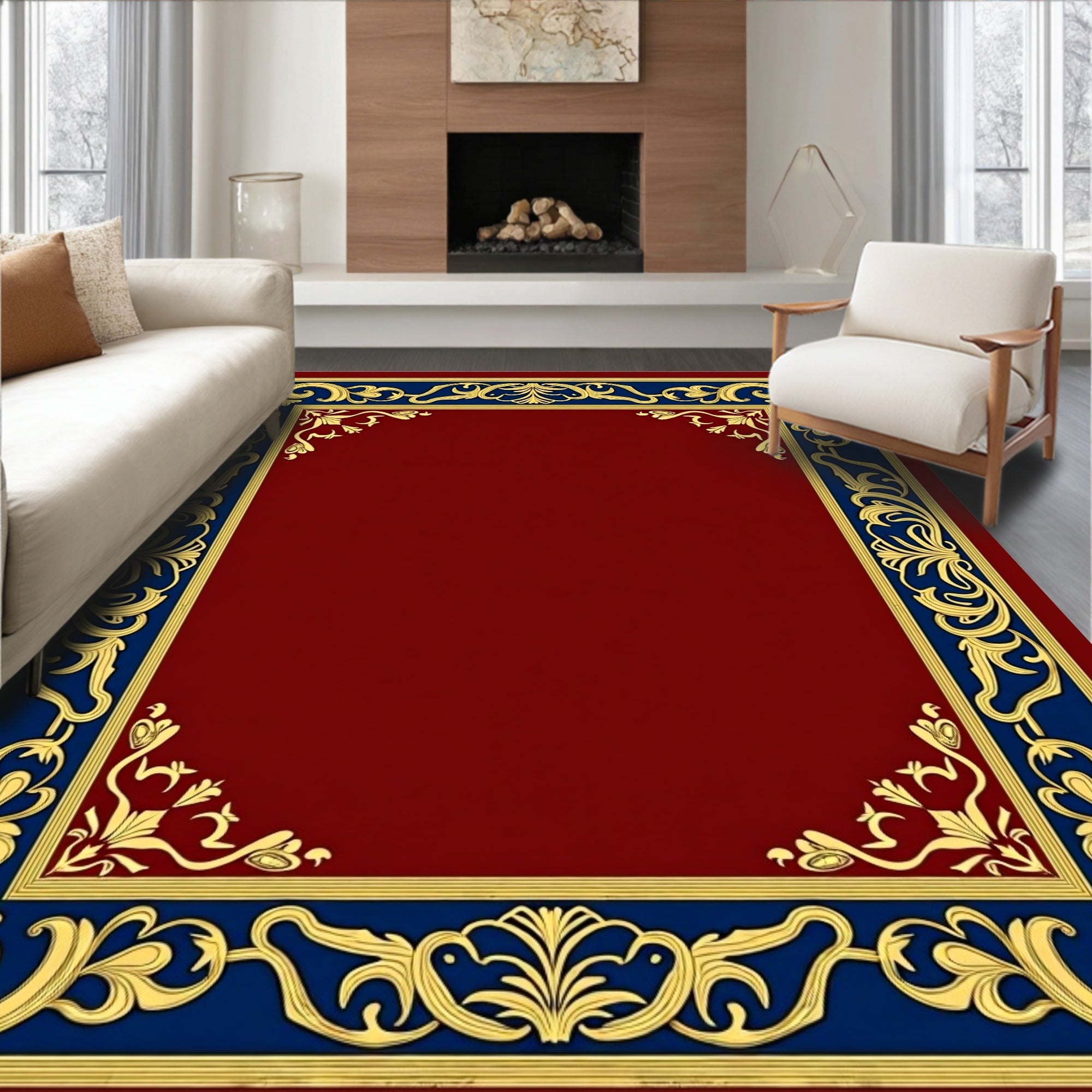 Ornate Blue Gold Floral Border Rug