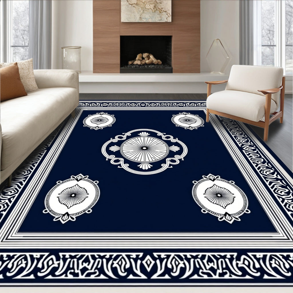 Classic Dark Navy White Medallion Rug