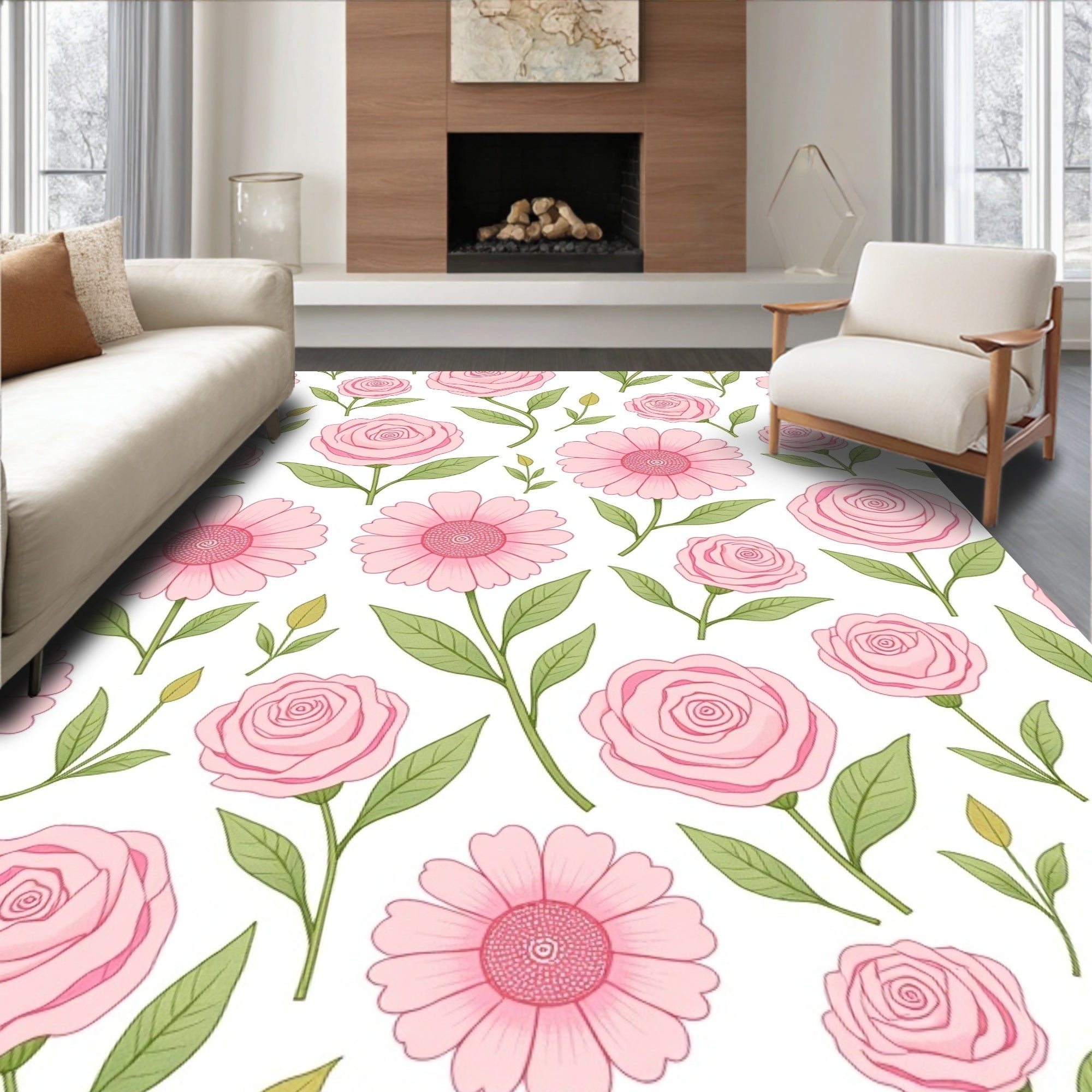Soft Pink Rose and Daisy Blossom Rug