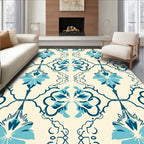 Blue Cream Floral Damask Pattern Rug