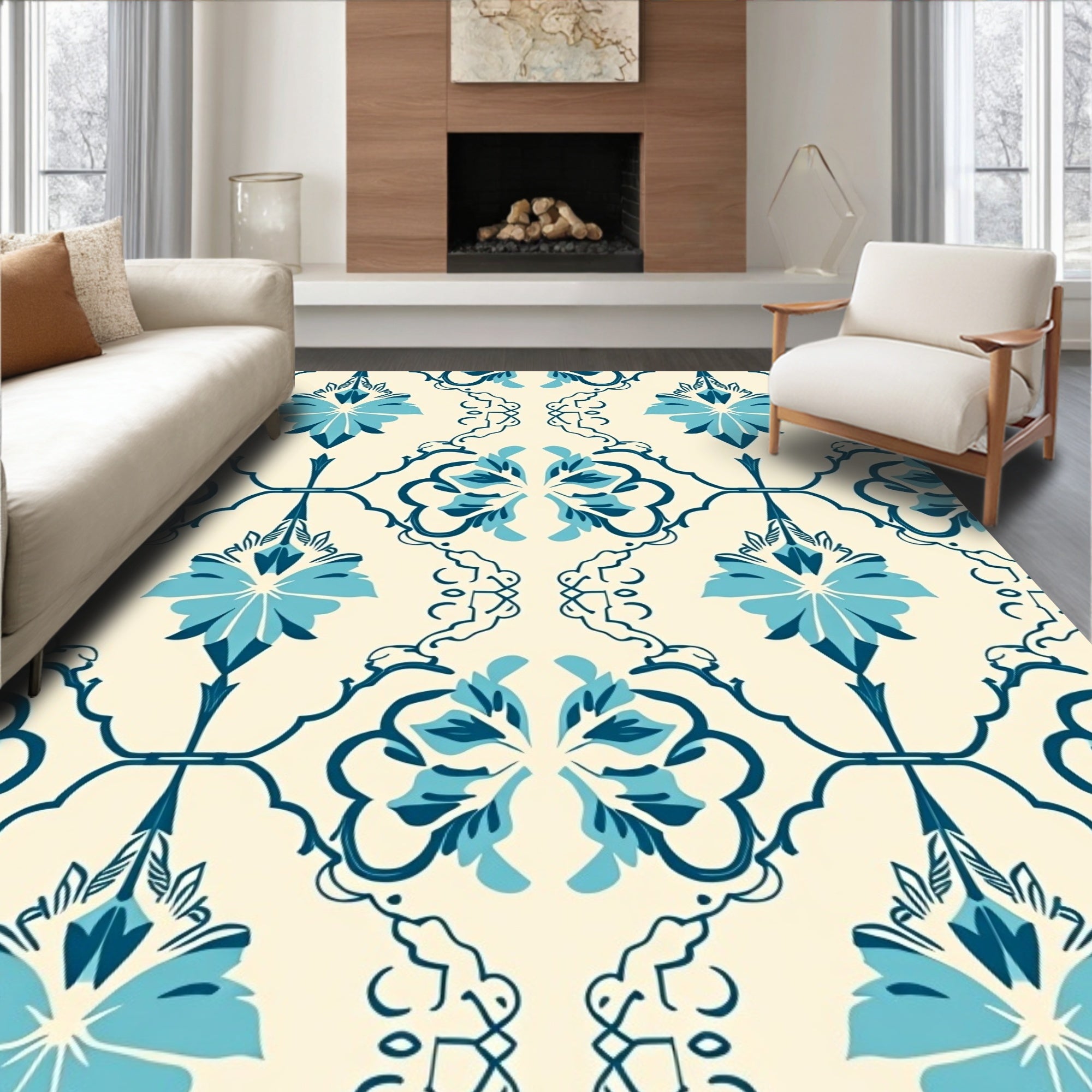 Blue Cream Floral Damask Pattern Rug