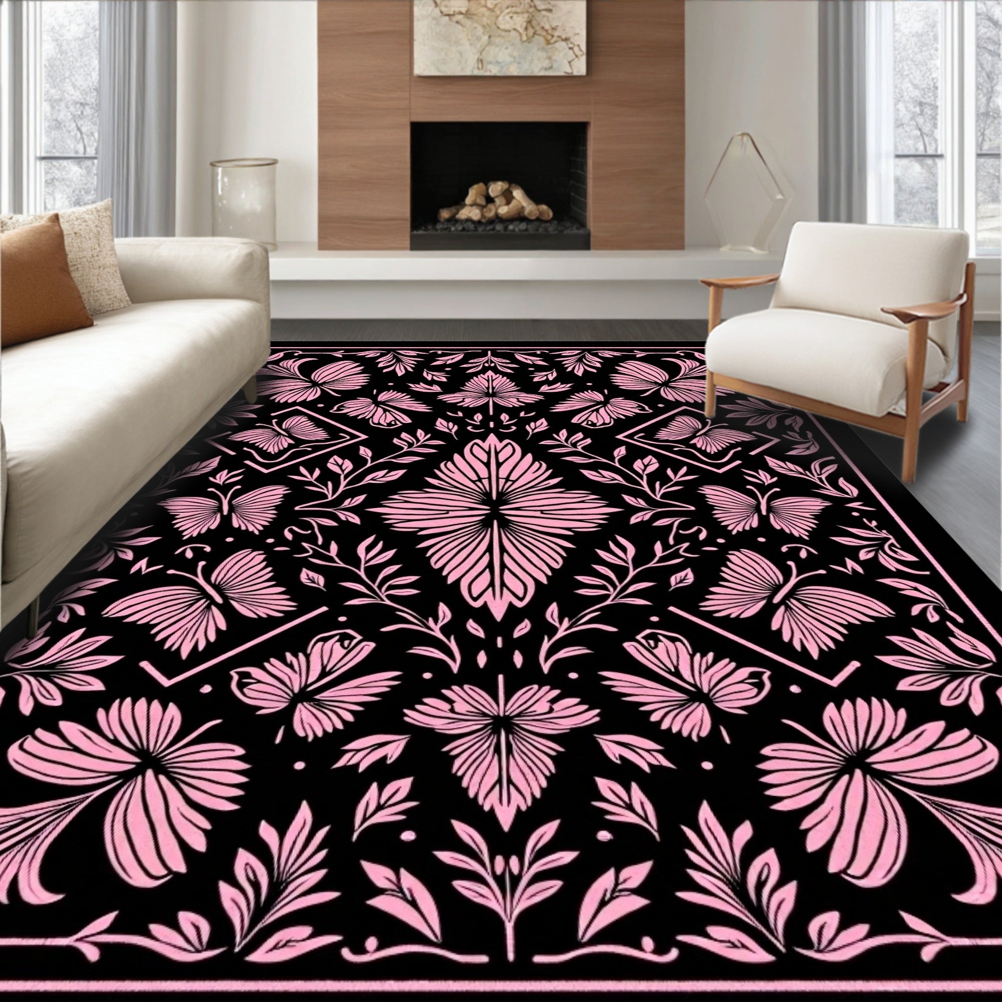 Pink Butterfly Floral Black Rug
