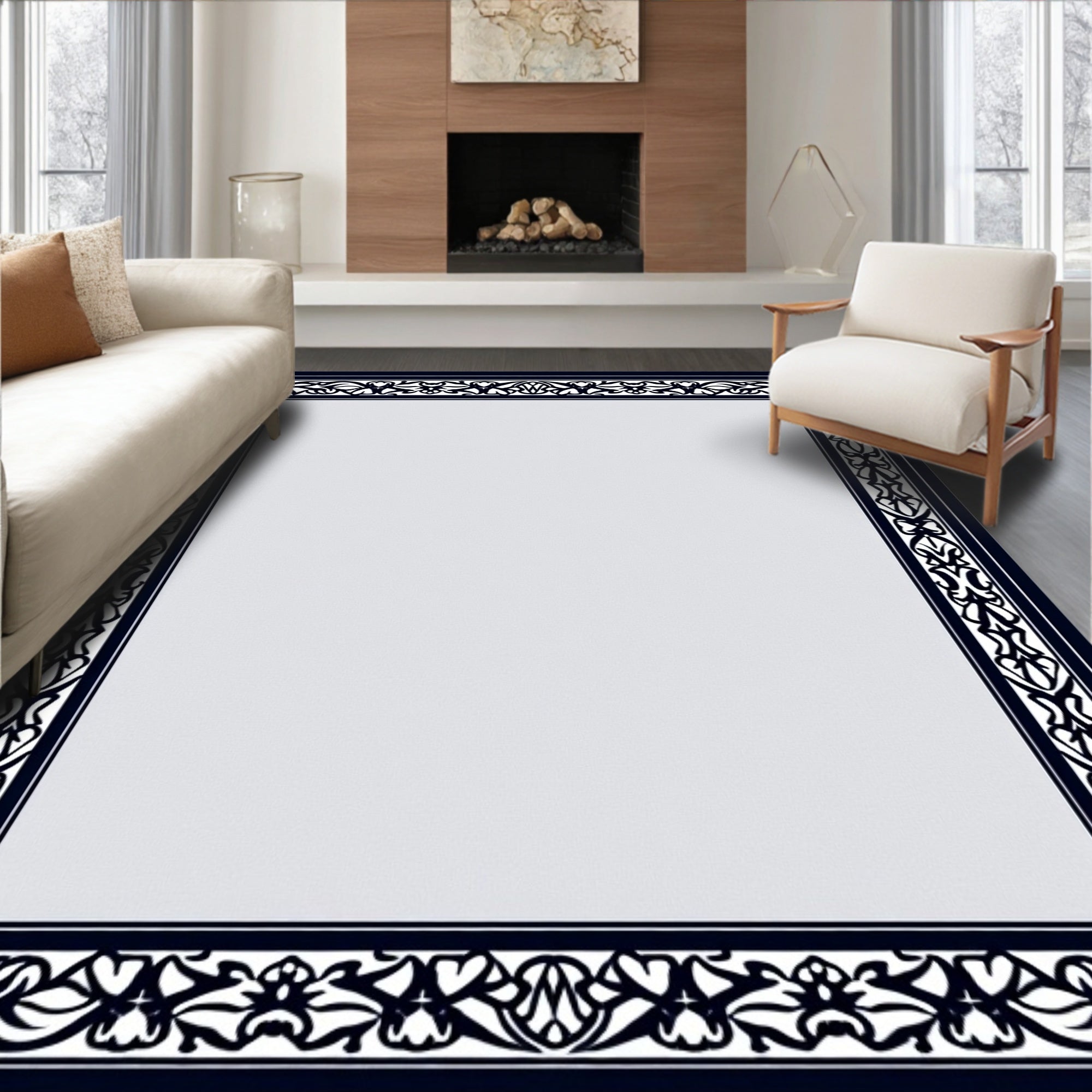 Ornate Black Floral Scroll Border Rug