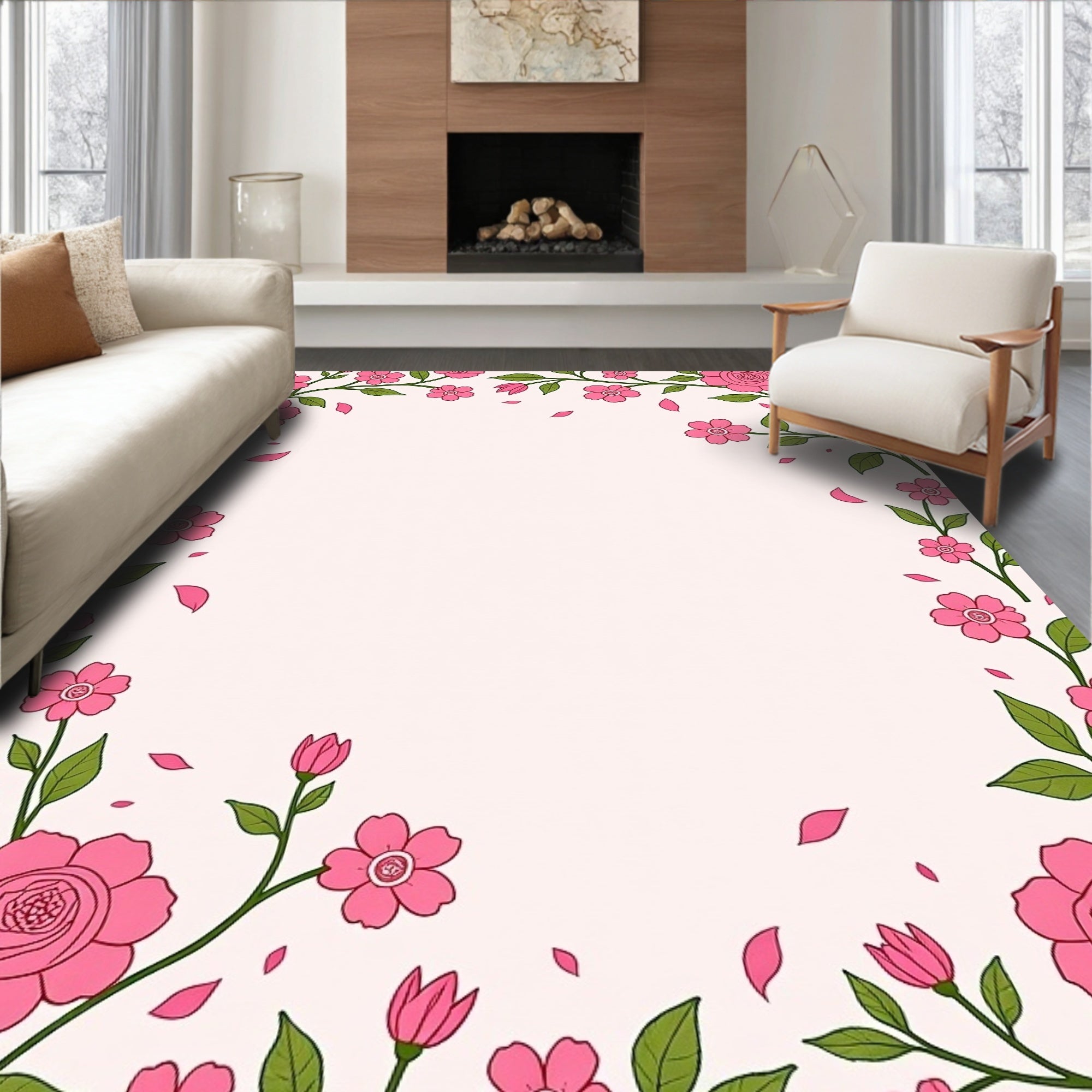 Floral Vine Blooming Pink Flowers Rug