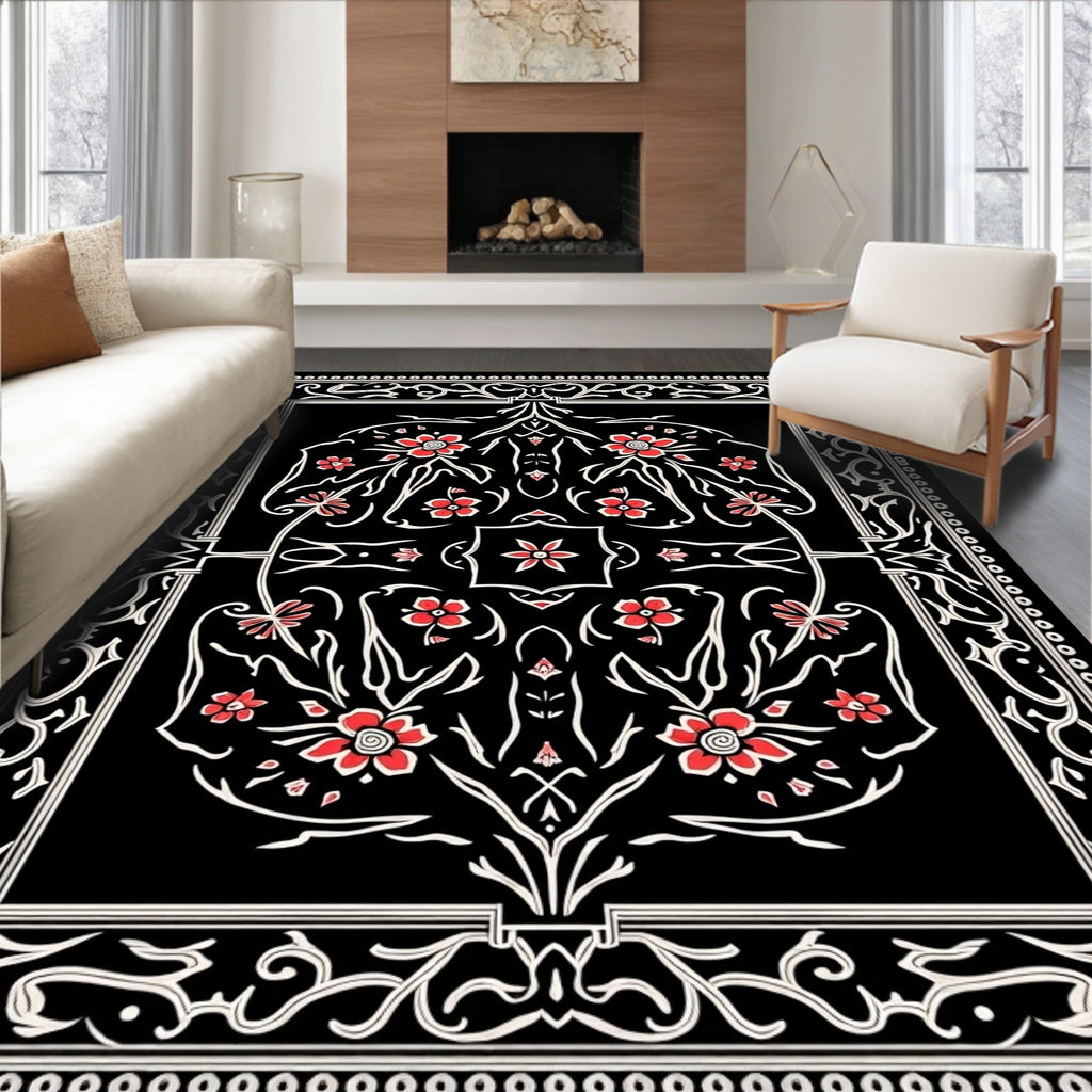 Black Art Nouveau Floral Design Rug