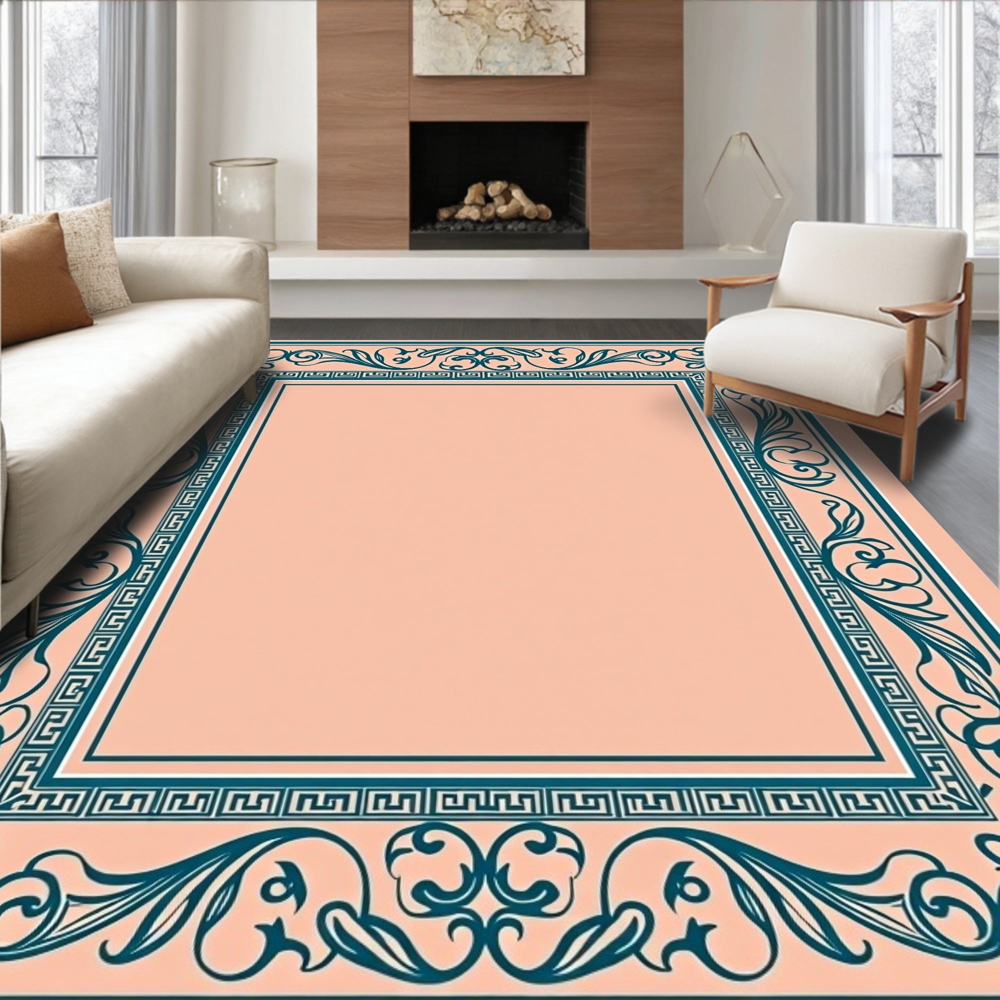 Elegant Teal Scrolling Floral Border Rug