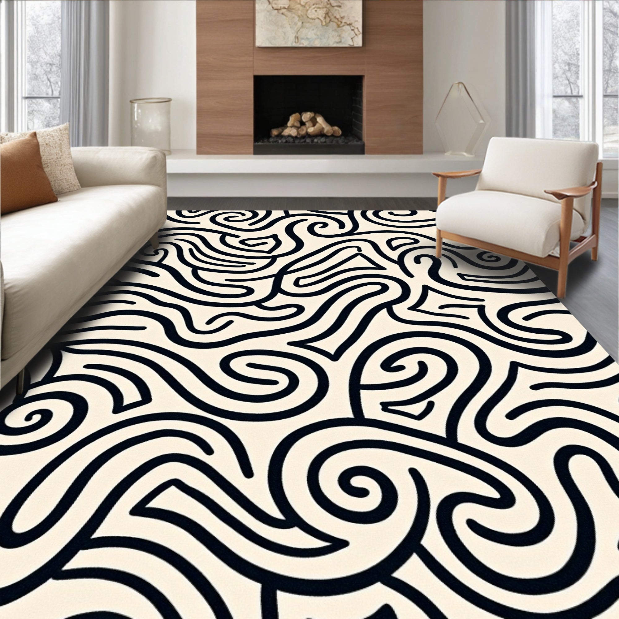 Black White Swirl Abstract Pattern Rug
