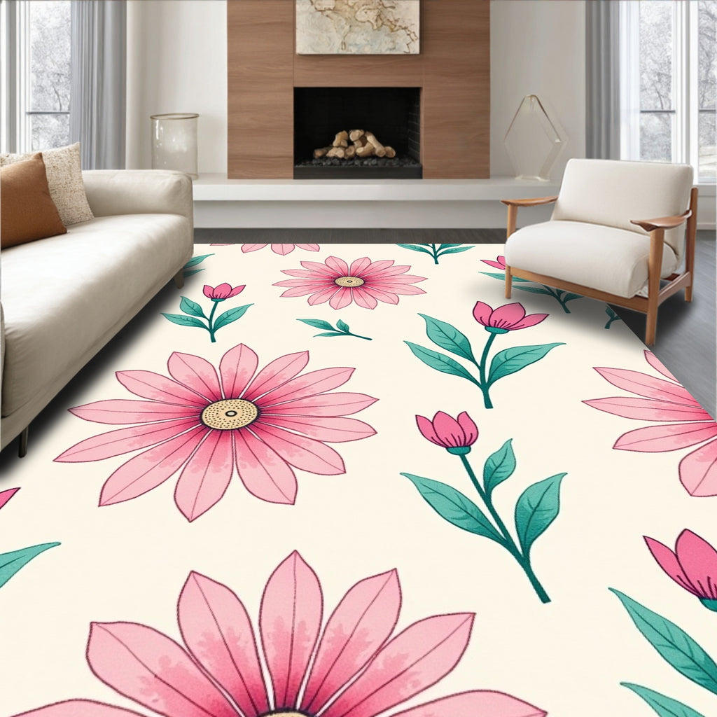 Pink Floral Pattern with Green Leaves Rug