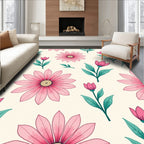 Pink Floral Pattern with Green Leaves Rug