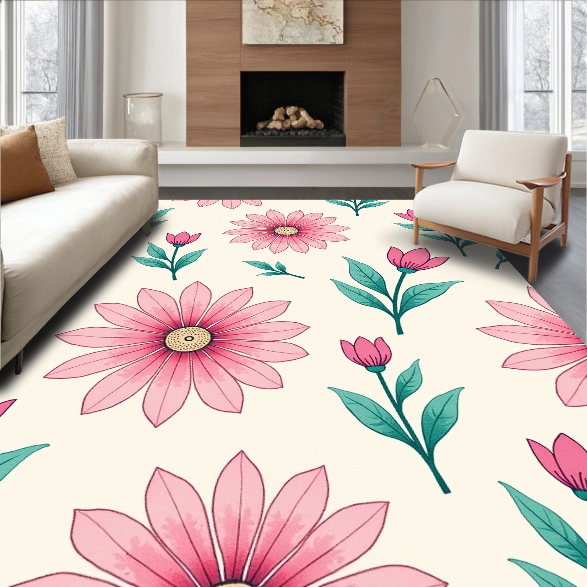 Pink Floral Pattern with Green Leaves Rug