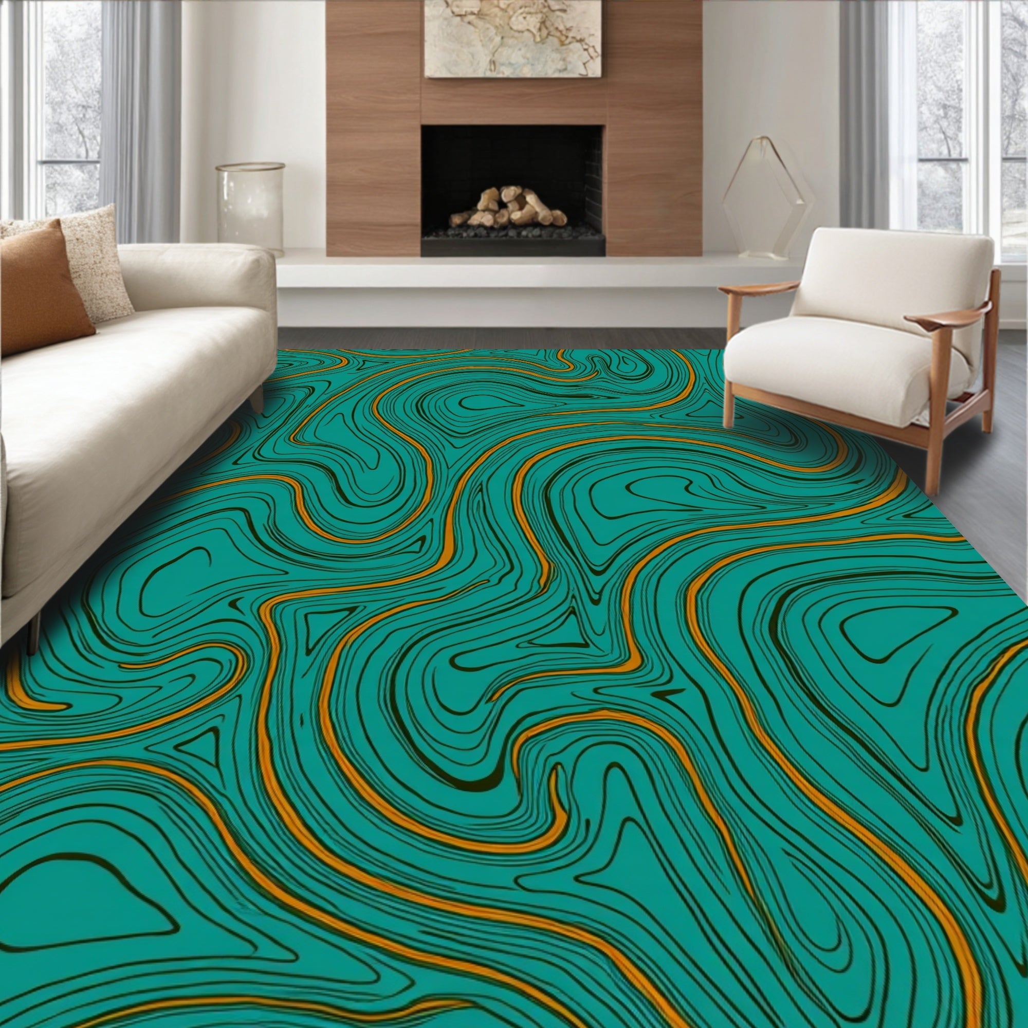 Teal And Orange Swirl Pattern Rug