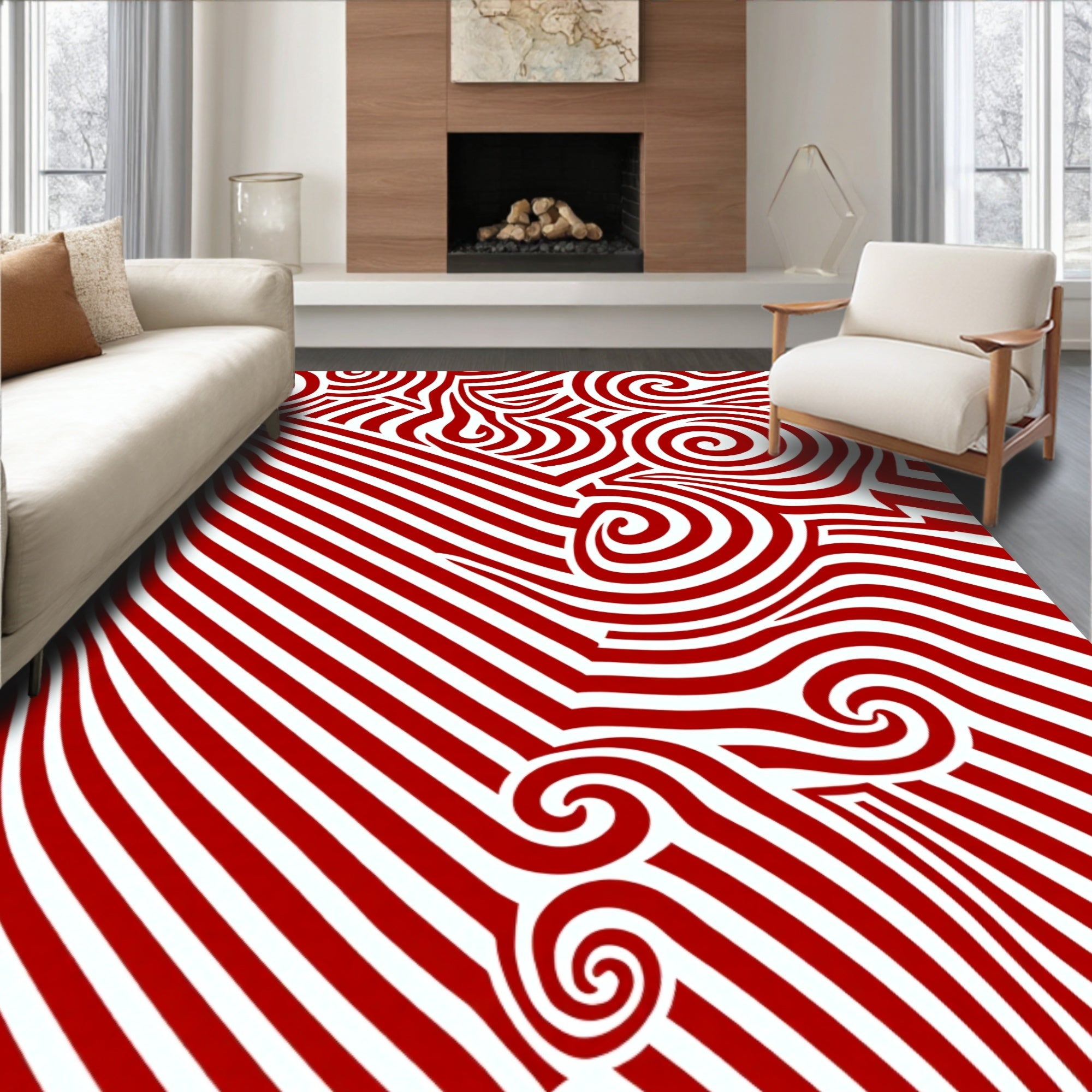 Crimson White Swirling Stripe Rug