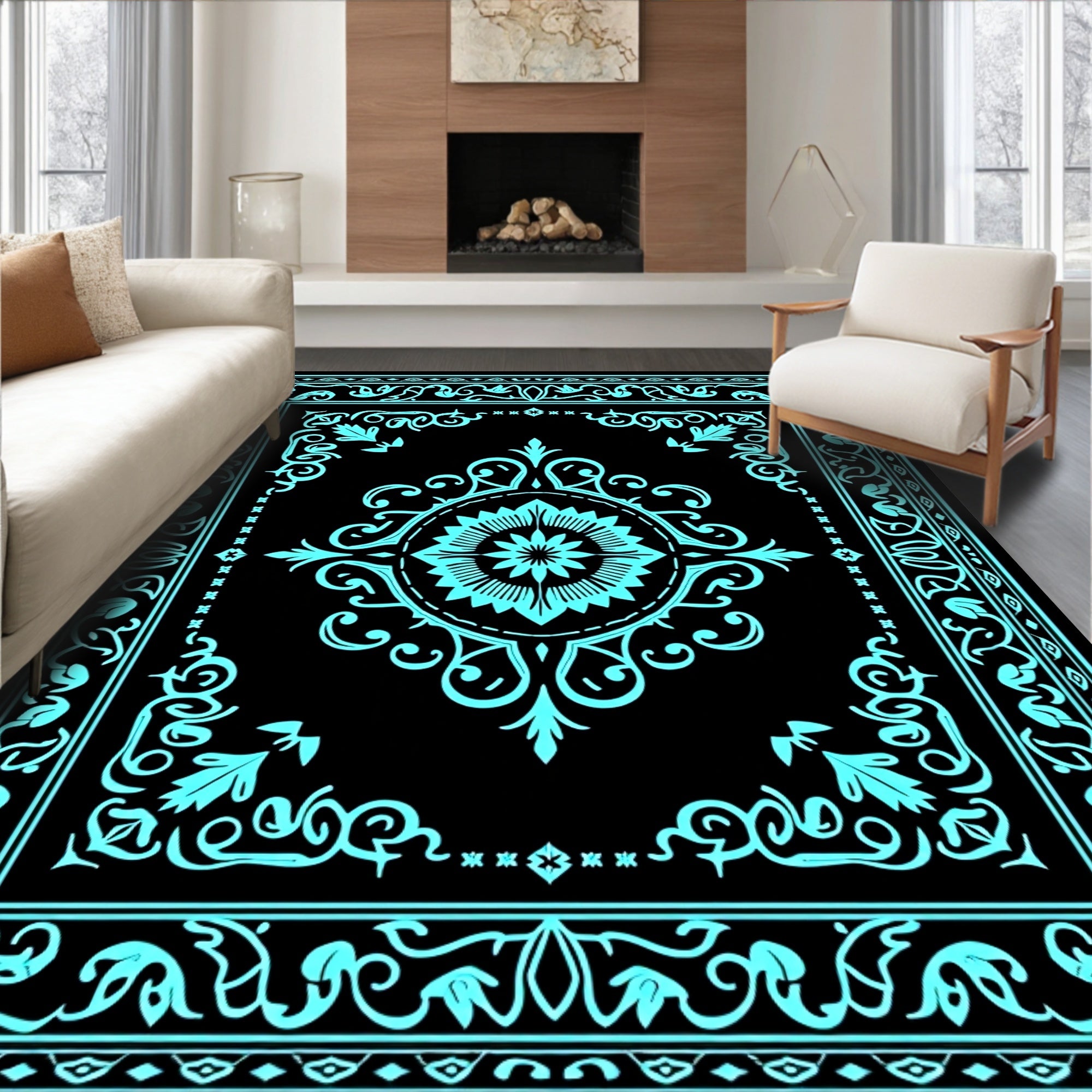 Intricate Turquoise Floral Medallion Pattern Rug