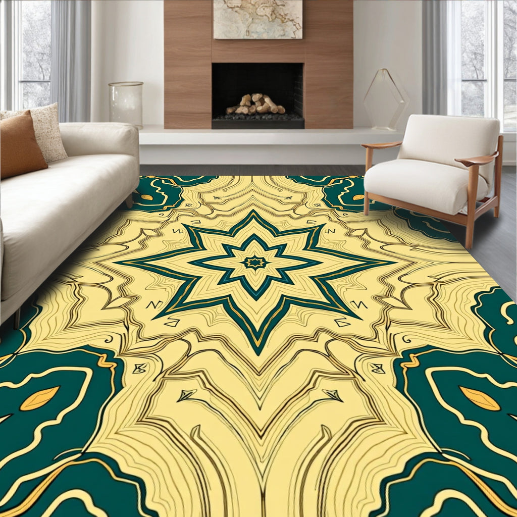 Yellow Teal Abstract Starburst Pattern Rug