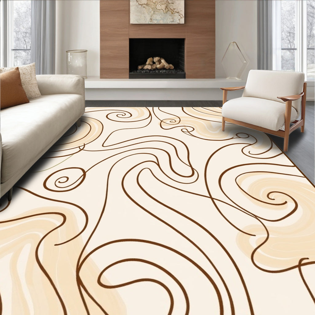 Cream, Brown Swirl Abstract Pattern Rug