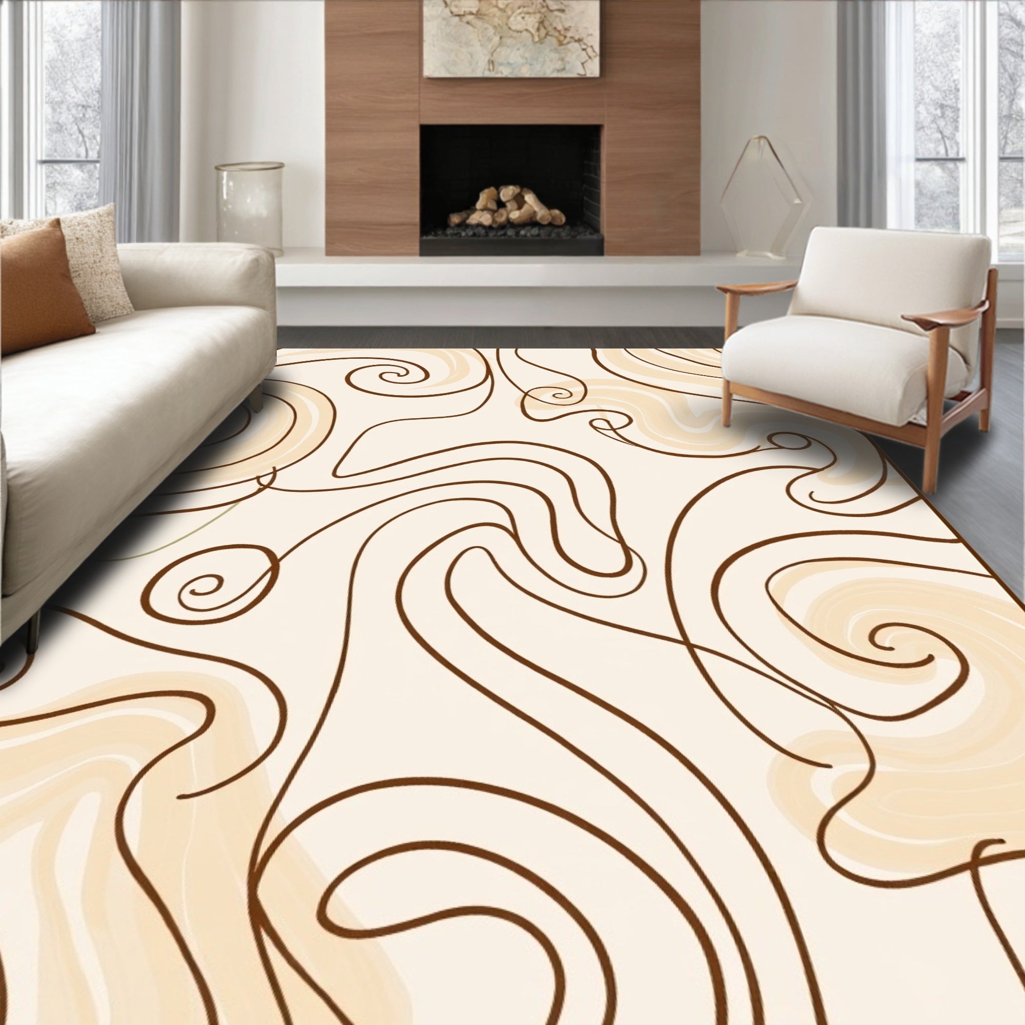 Cream, Brown Swirl Abstract Pattern Rug