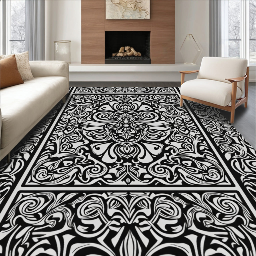 Intricate Black White Floral Pattern Rug