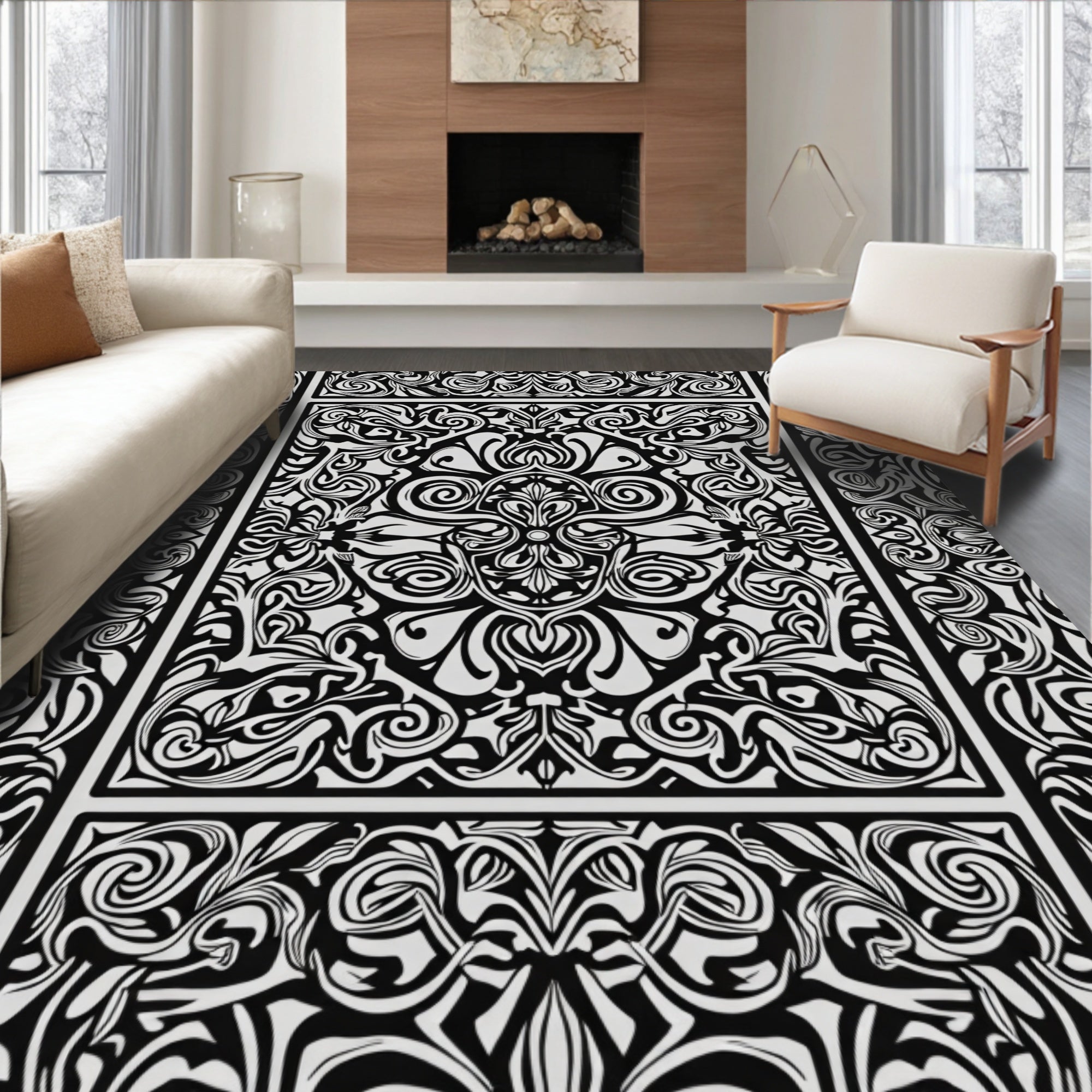 Intricate Black White Floral Pattern Rug
