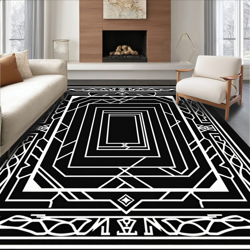 Art Deco Geometric White Line Design Rug