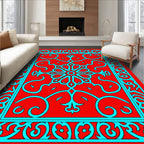 Red Cyan Floral Medallion Border Rug