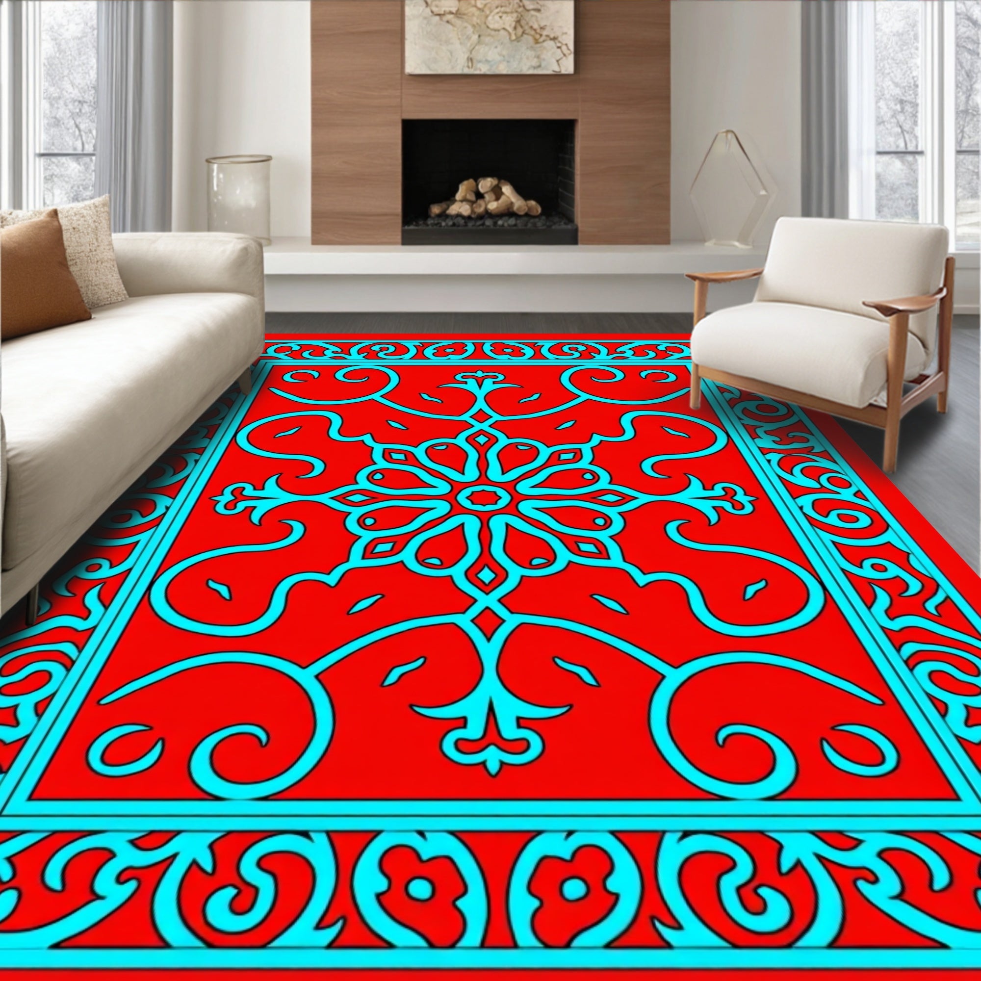 Red Cyan Floral Medallion Border Rug