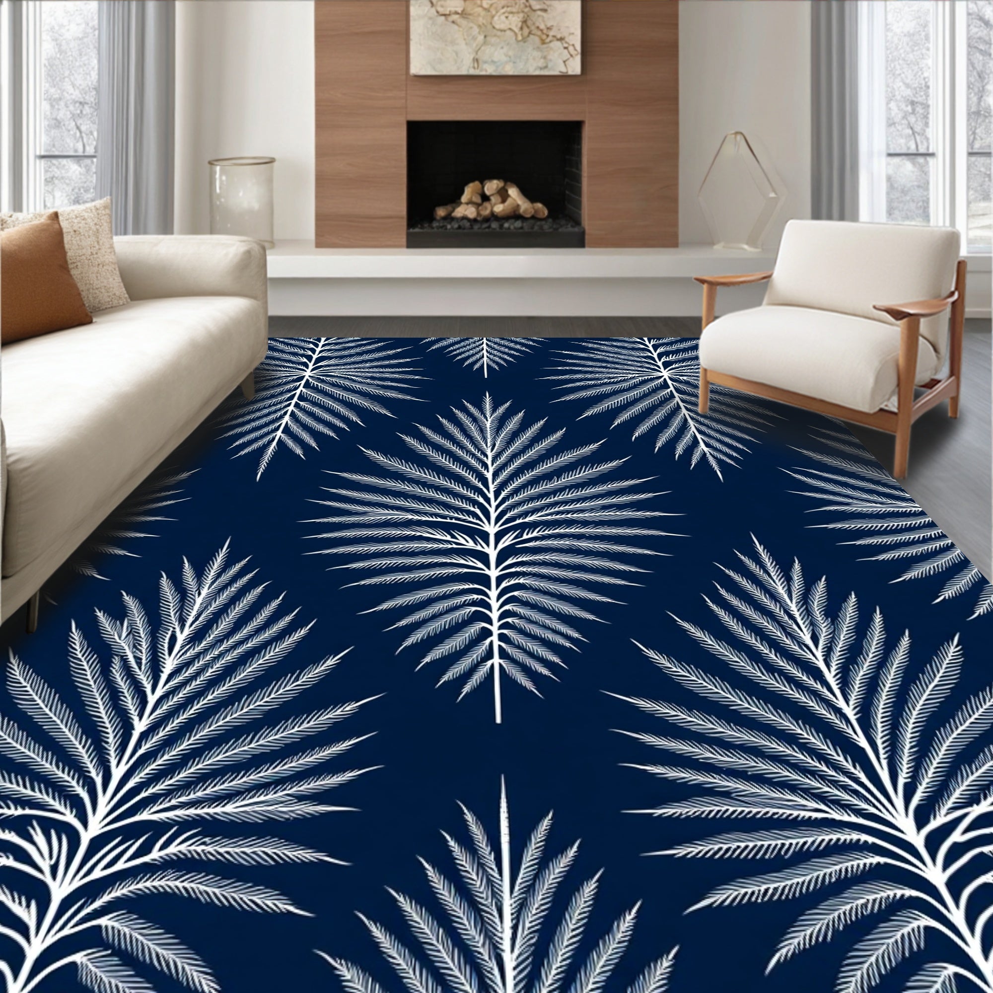 Dark Navy White Palm Frond Pattern Rug