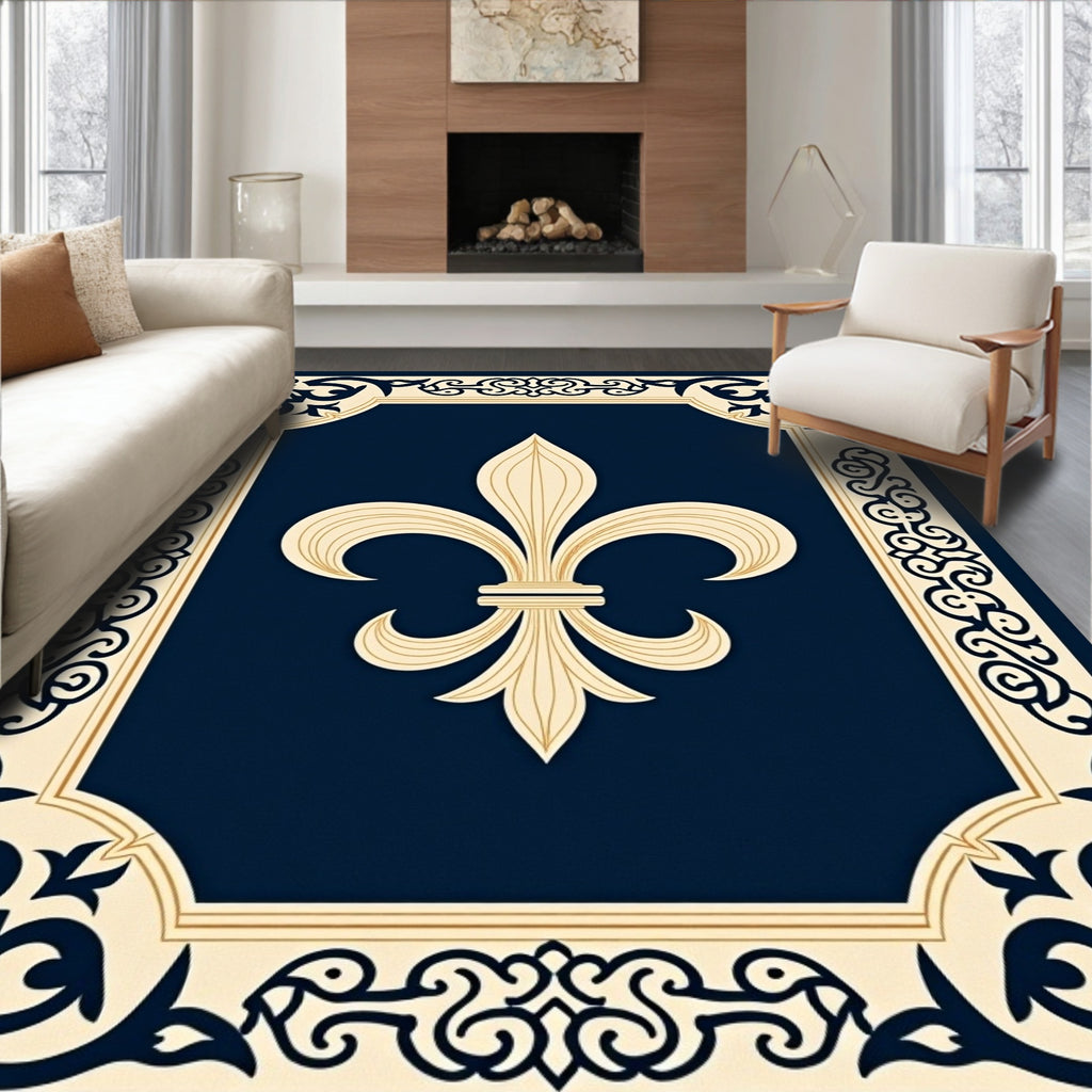 Navy Blue Fleur-De-Lis Ornate Rug