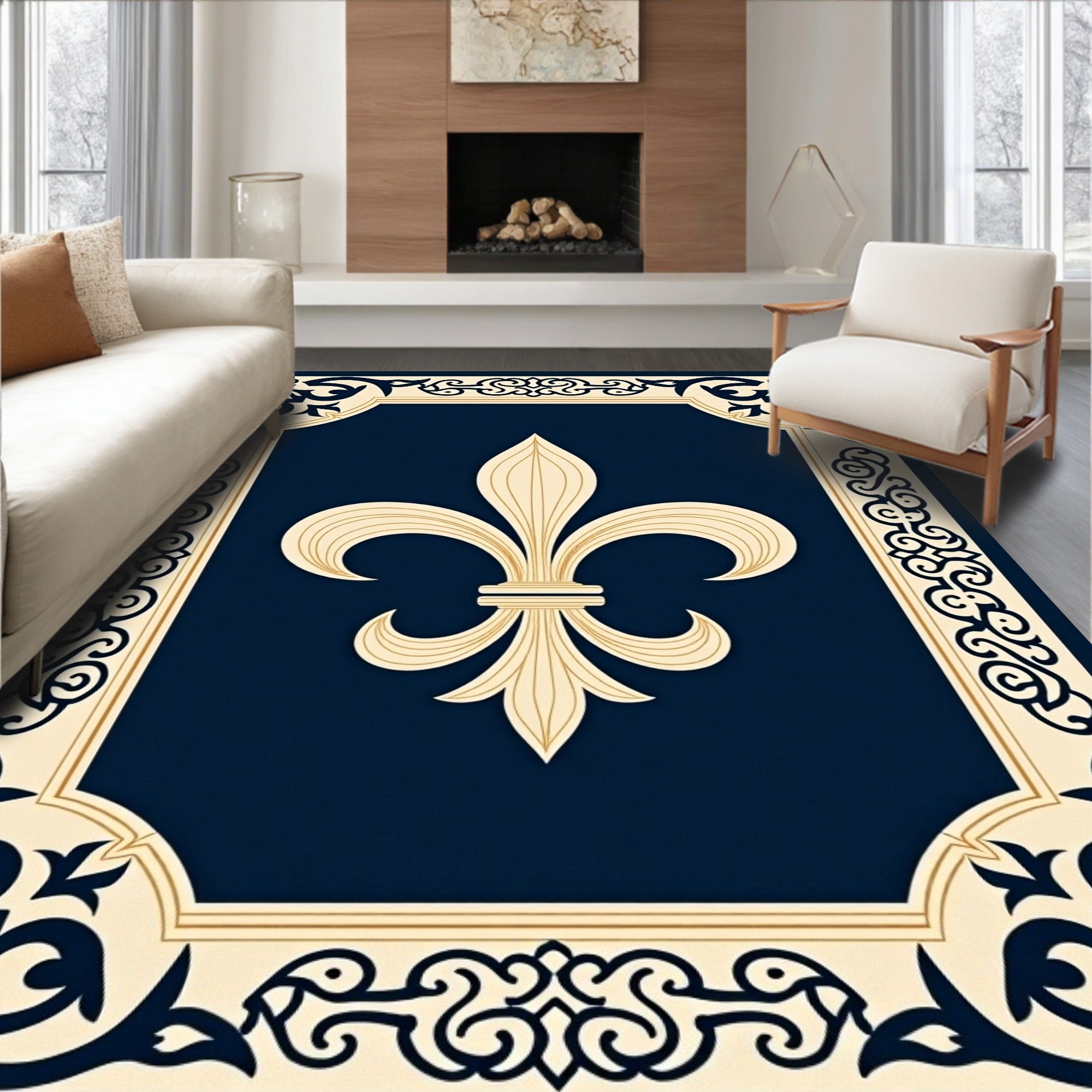 Navy Blue Fleur-De-Lis Ornate Rug