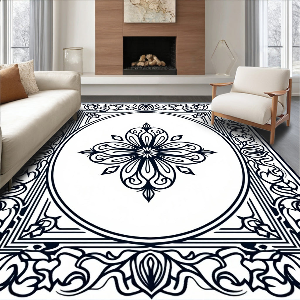 Ornate Black White Floral Scroll Rug