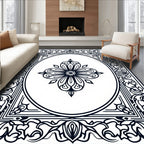 Ornate Black White Floral Scroll Rug