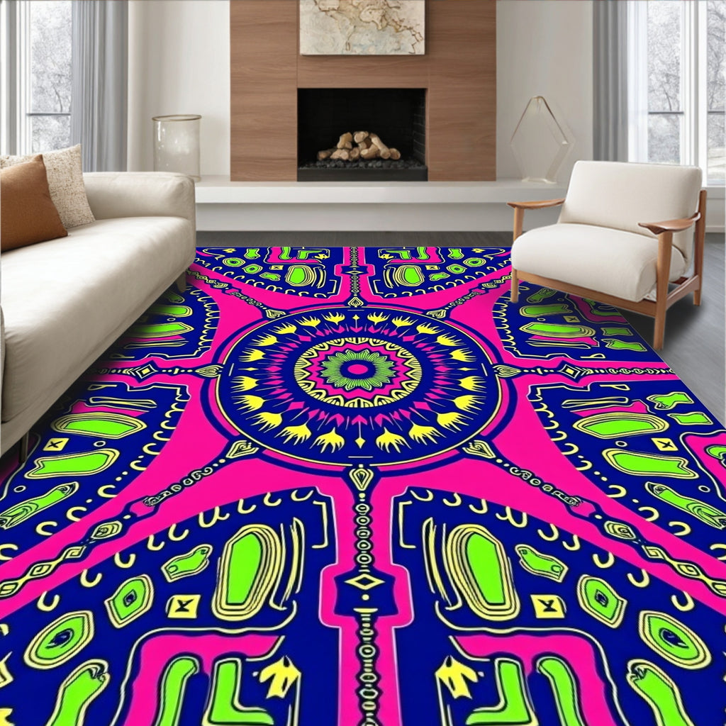 Vibrant Pink Blue Green Mandala Kaleidoscope Rug