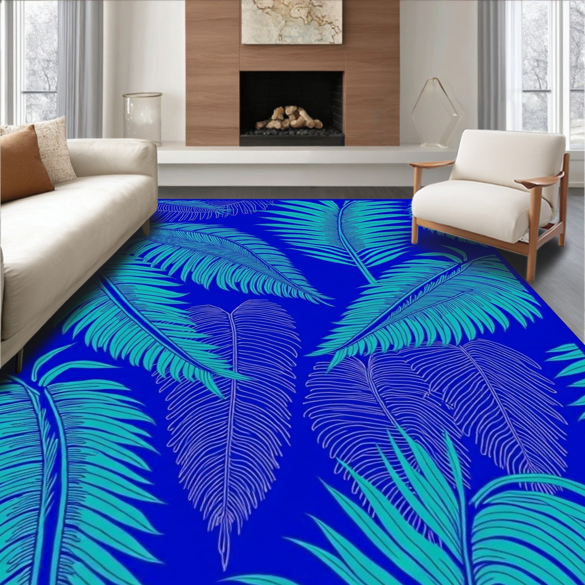 Blue Green Leaf Pattern Design Rug