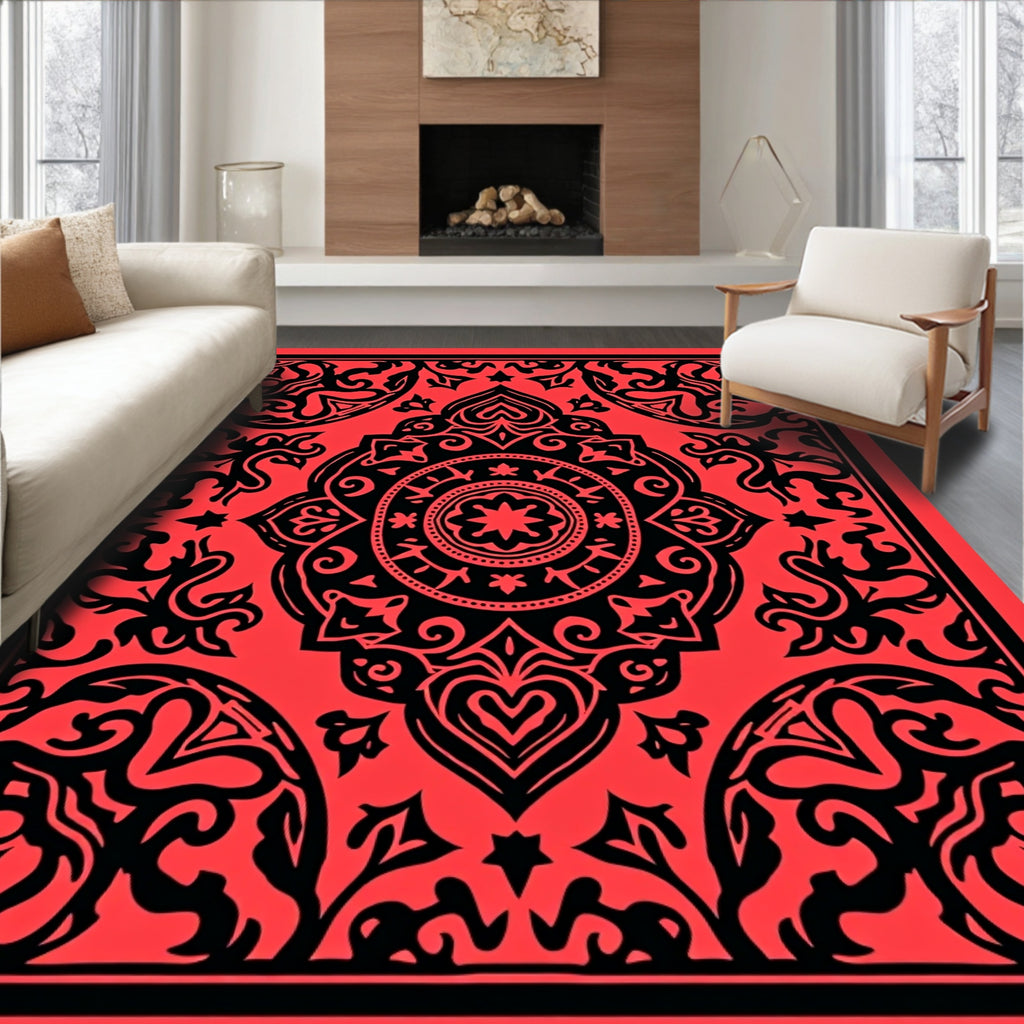 Ornate Black Red Mandala Pattern Rug
