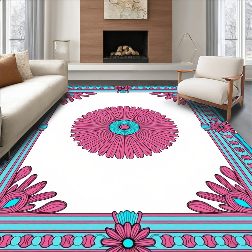 Bold Floral Frame Geometric Pattern Rug