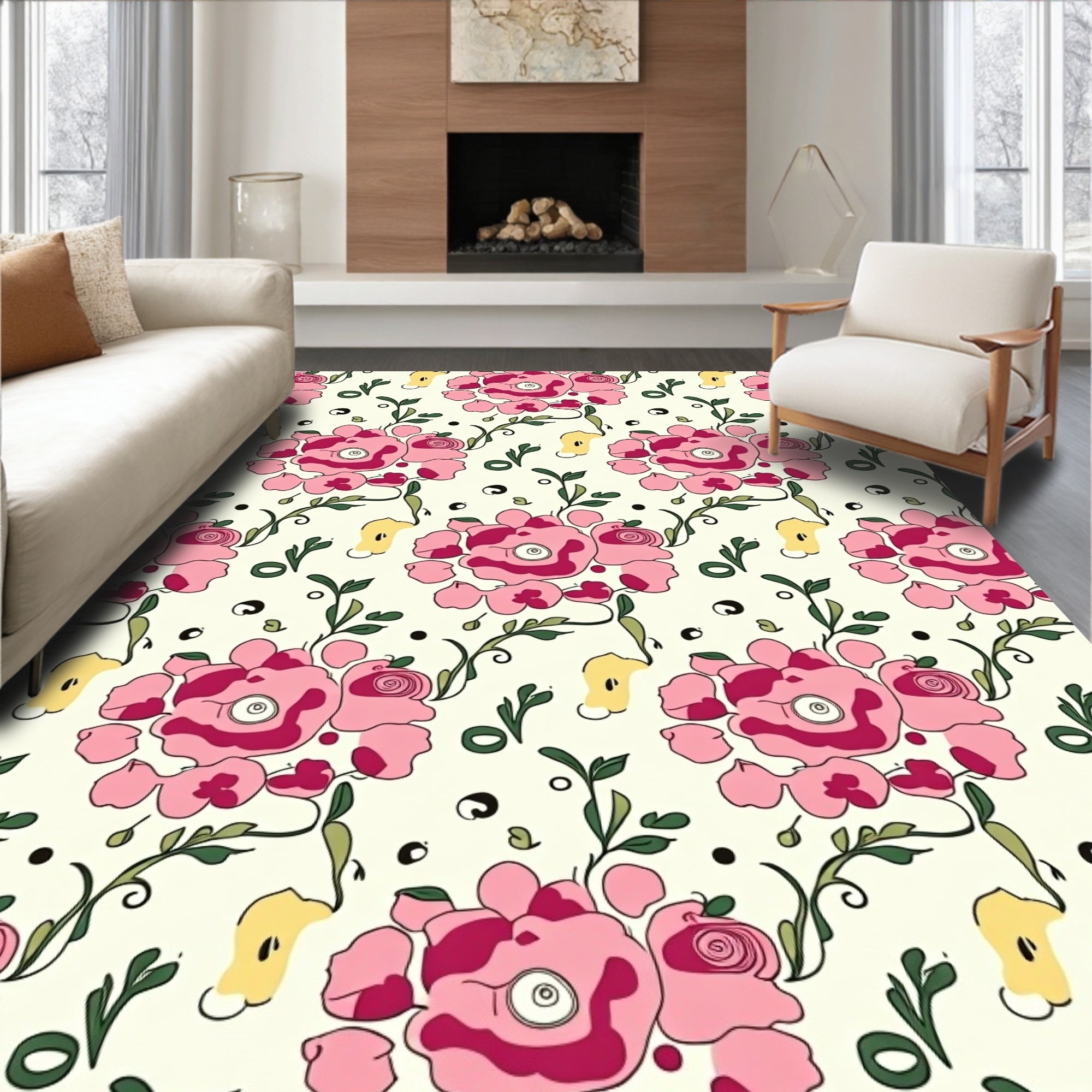 Pink Floral Vines Whimsical Pattern Rug