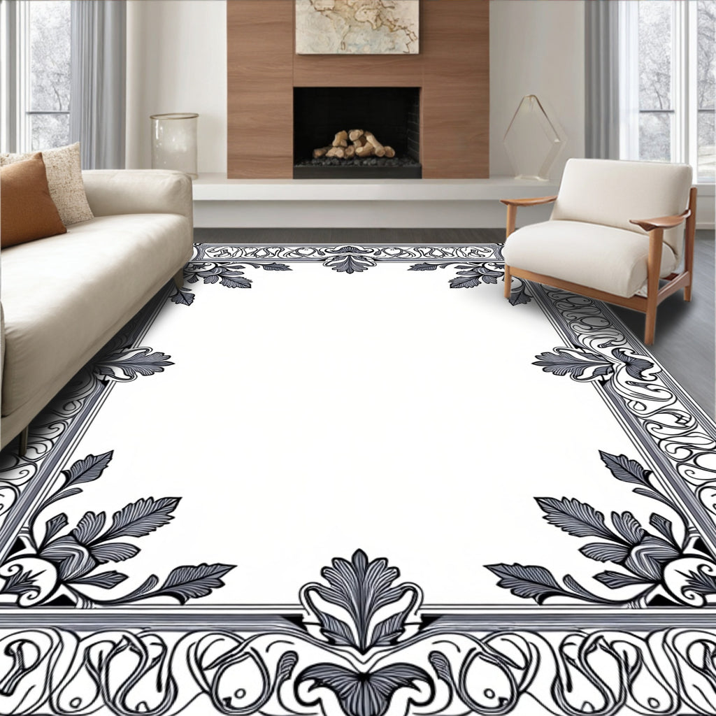 Ornate Black White Floral Border Design Rug