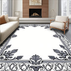Ornate Black White Floral Border Design Rug